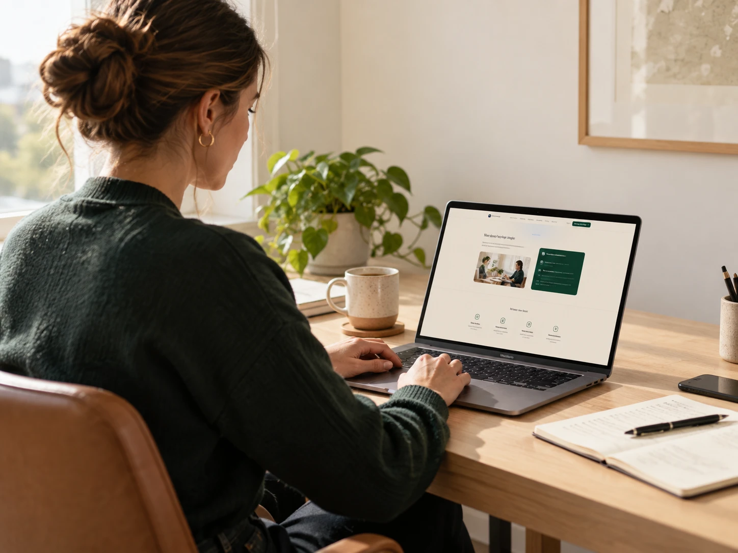 Someone at a home desk reading a pitch page on a laptop.