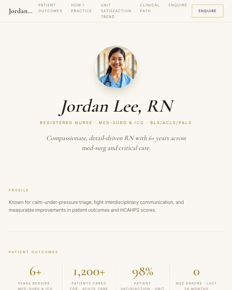 Jordan Lee, RN — Registered Nurse · Med-Surg & ICU pitch page example