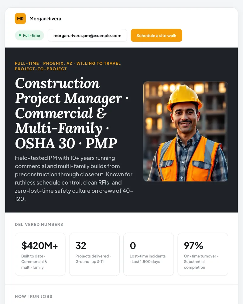 Morgan Rivera — Construction Project Manager pitch page example
