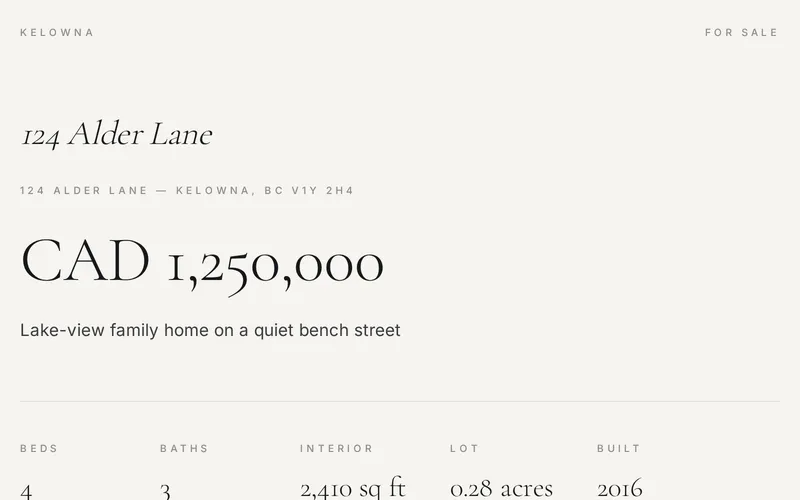 124 Alder Lane — Property listing · Kelowna, BC pitch page example