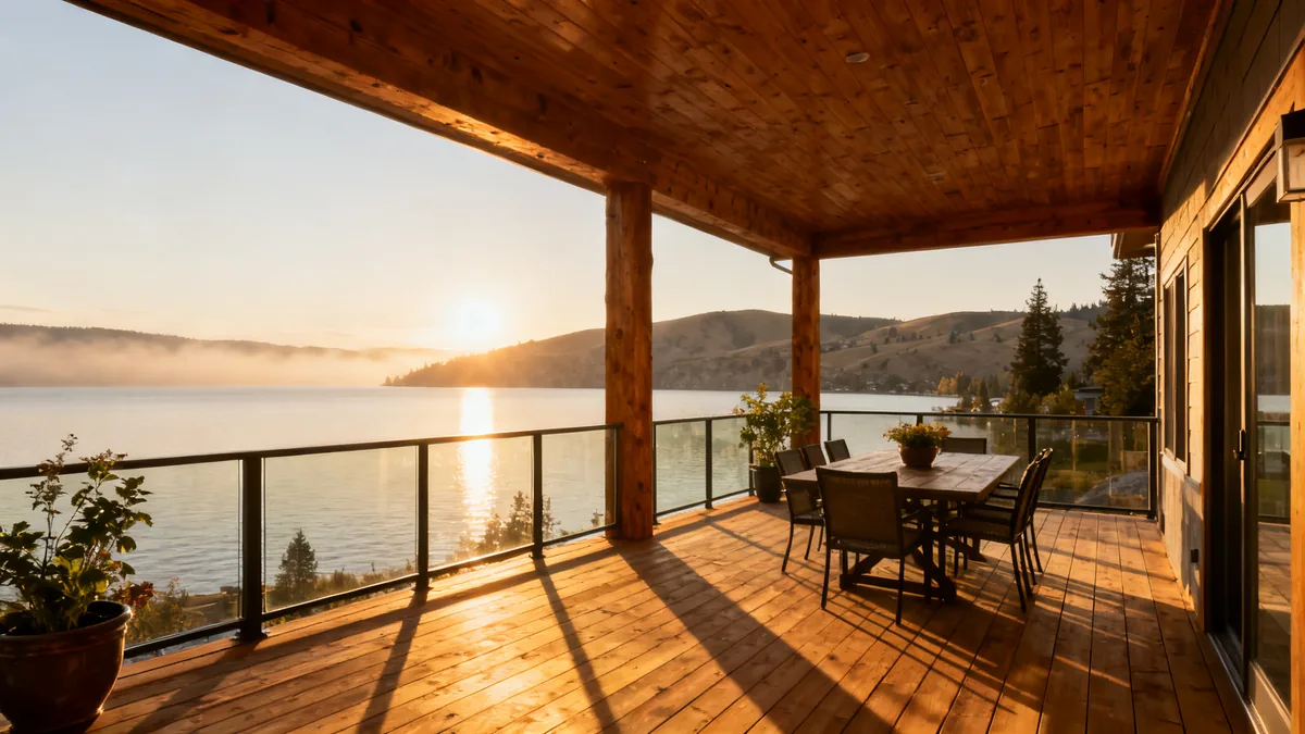 Covered deck at golden hour looking west over the water