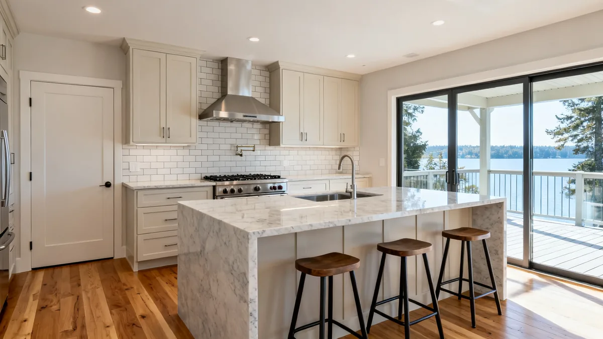Chef's kitchen with a waterfall island and glass doors to the deck