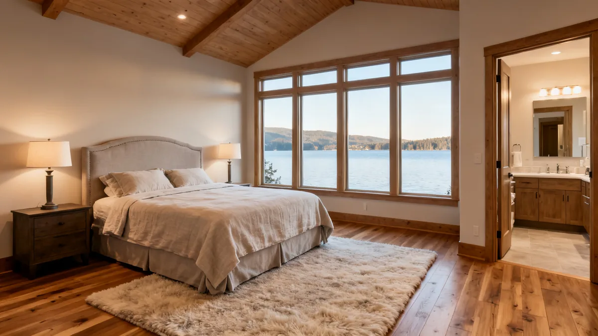 Main-floor primary suite with lake-facing windows